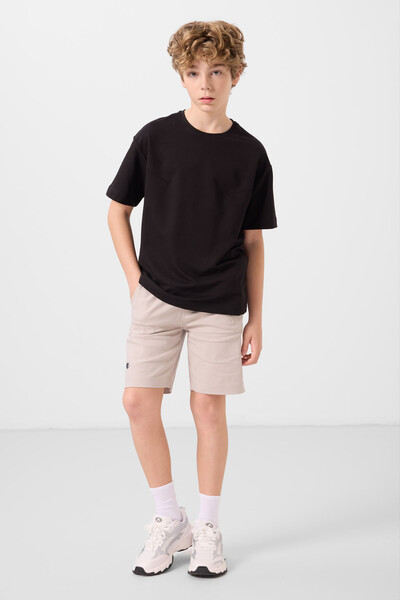 Tommylife Toptan Pamuklu Oversize Fit Dokuma Hafif Esnek Chino Erkek Çocuk Şort Takım 11277 Siyah-Taş - Thumbnail