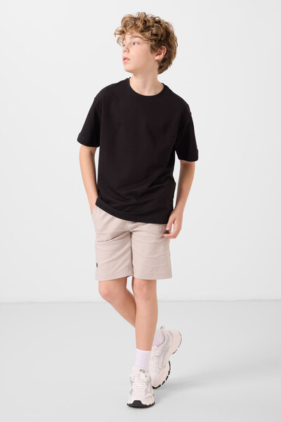 Tommylife Toptan Pamuklu Oversize Fit Dokuma Hafif Esnek Chino Erkek Çocuk Şort Takım 11277 Siyah-Taş - Thumbnail