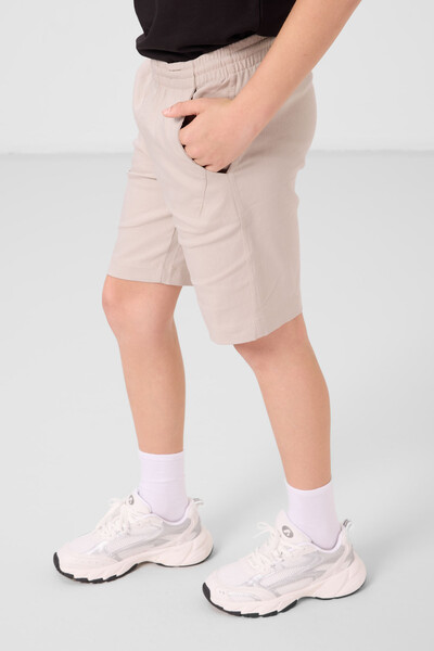 Tommylife Toptan Pamuklu Oversize Fit Dokuma Hafif Esnek Chino Erkek Çocuk Şort Takım 11277 Siyah-Taş - Thumbnail