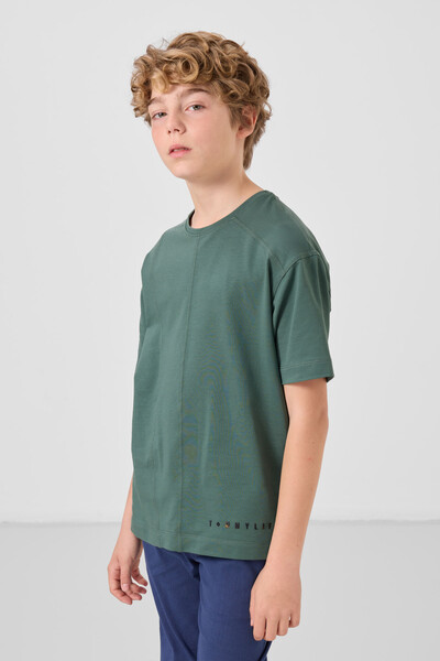 Tommylife Toptan Pamuklu Yumuşak Dokulu Oversize Basic Erkek Çocuk T-Shirt 11297 Açık Yeşil - Thumbnail