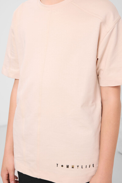 Tommylife Toptan Pamuklu Yumuşak Dokulu Oversize Basic Erkek Çocuk T-Shirt 11297 Bej - Thumbnail