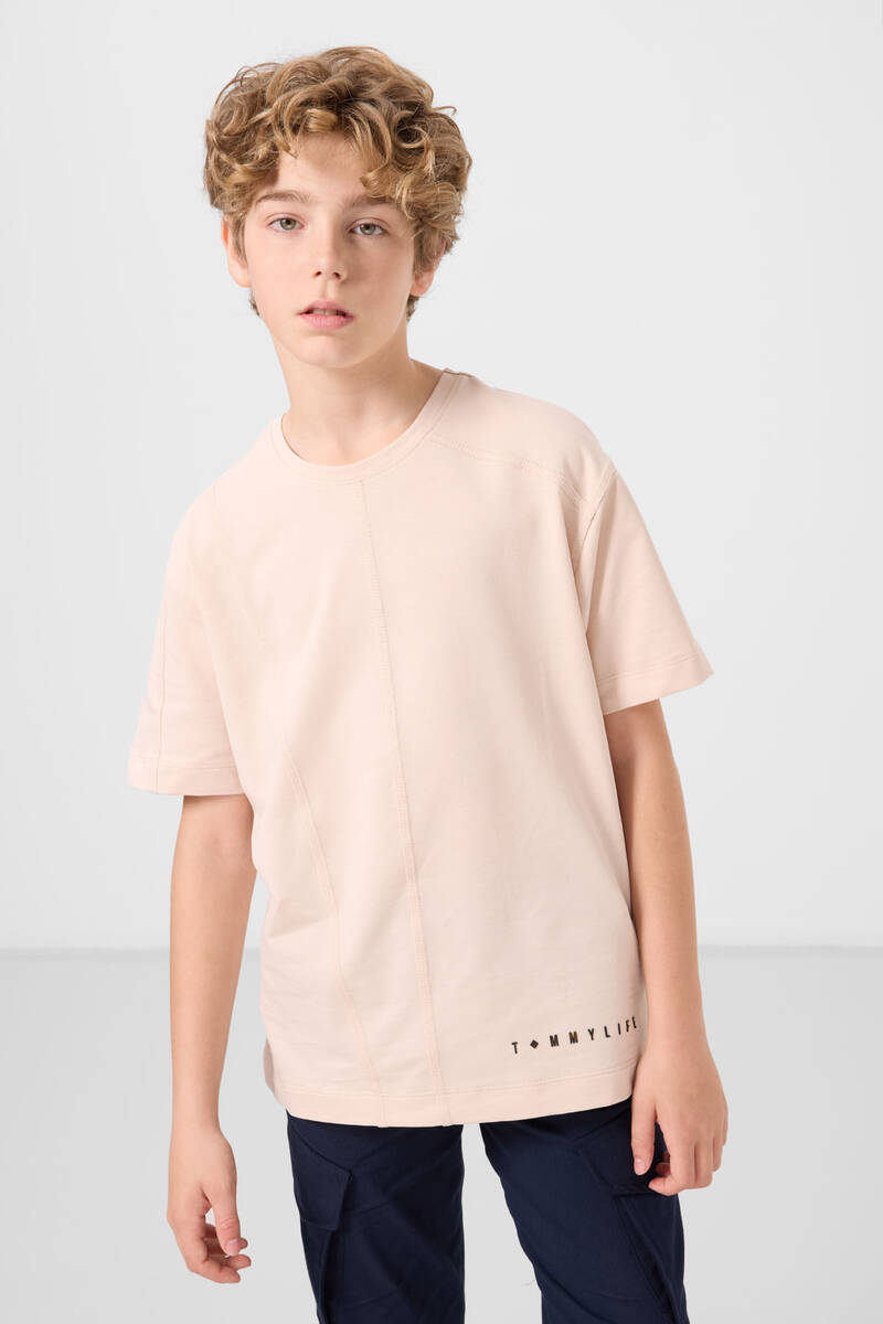 TOMMYLIFE - Tommylife Toptan Pamuklu Yumuşak Dokulu Oversize Basic Erkek Çocuk T-Shirt 11297 Bej