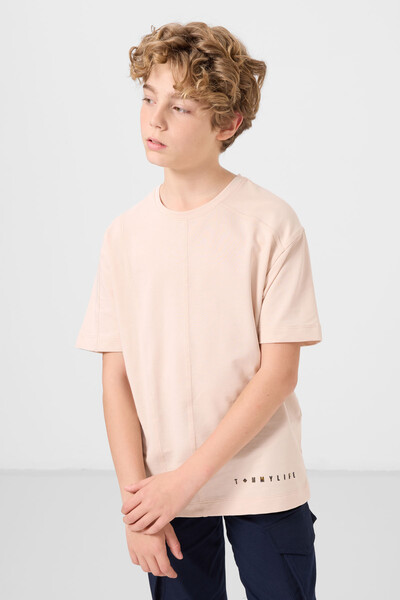 Tommylife Toptan Pamuklu Yumuşak Dokulu Oversize Basic Erkek Çocuk T-Shirt 11297 Bej - Thumbnail
