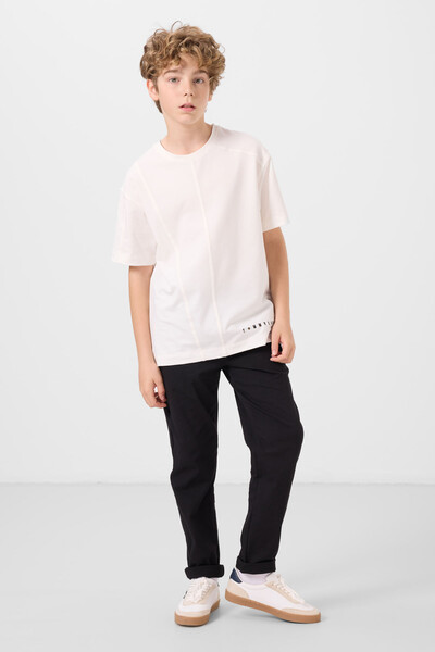 Tommylife Toptan Pamuklu Yumuşak Dokulu Oversize Basic Erkek Çocuk T-Shirt 11297 Ekru - Thumbnail