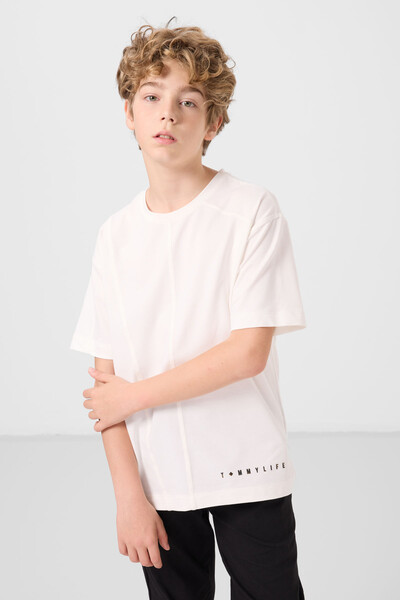 Tommylife Toptan Pamuklu Yumuşak Dokulu Oversize Basic Erkek Çocuk T-Shirt 11297 Ekru - Thumbnail