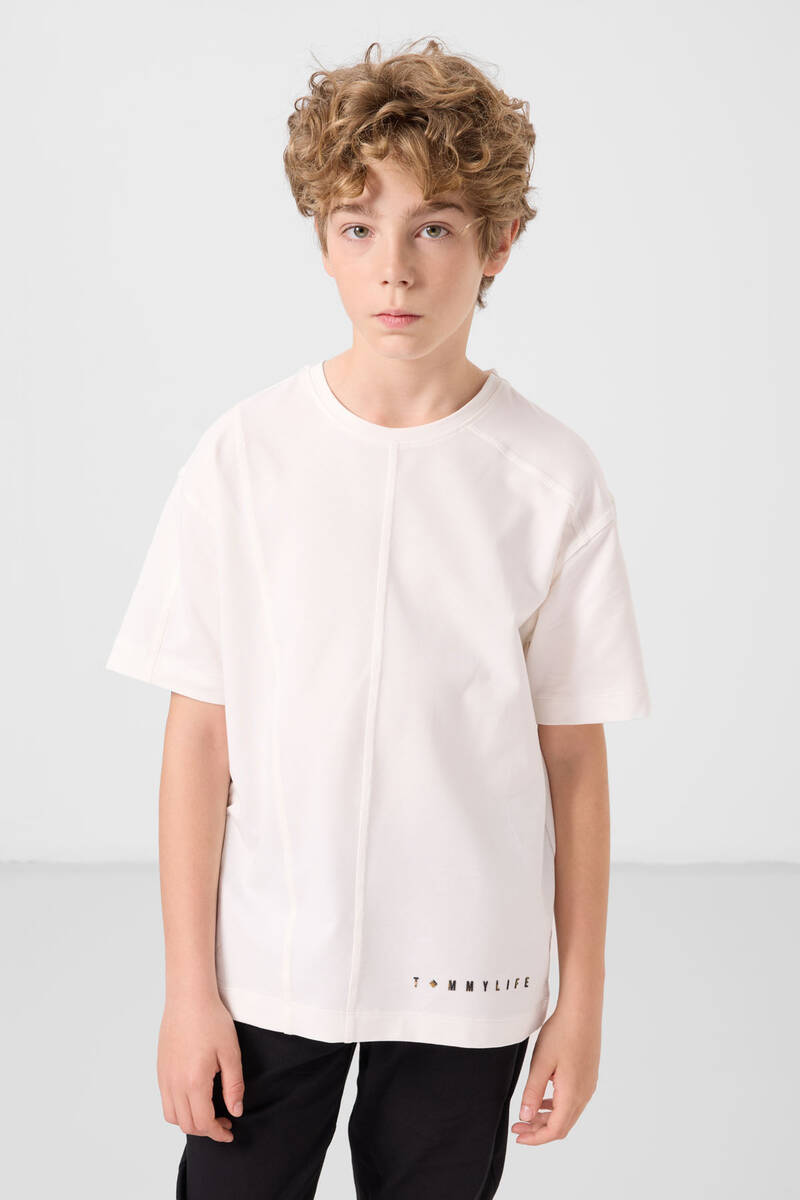 TOMMYLIFE - Tommylife Toptan Pamuklu Yumuşak Dokulu Oversize Basic Erkek Çocuk T-Shirt 11297 Ekru