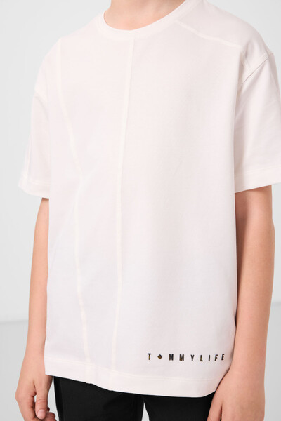 Tommylife Toptan Pamuklu Yumuşak Dokulu Oversize Basic Erkek Çocuk T-Shirt 11297 Ekru - Thumbnail