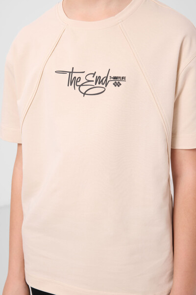 Tommylife Toptan Pamuklu Yumuşak Dokulu Oversize Baskılı Erkek Çocuk T-Shirt 11285 Bej - Thumbnail
