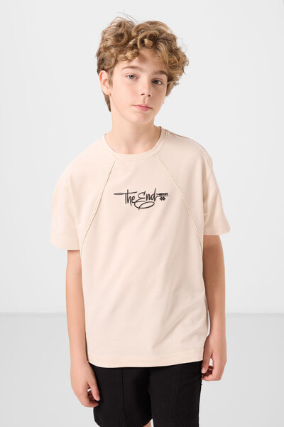 Tommylife Toptan Pamuklu Yumuşak Dokulu Oversize Baskılı Erkek Çocuk T-Shirt 11285 Bej - Thumbnail