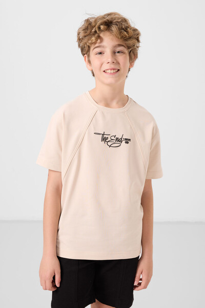 Tommylife Toptan Pamuklu Yumuşak Dokulu Oversize Baskılı Erkek Çocuk T-Shirt 11285 Bej - Thumbnail
