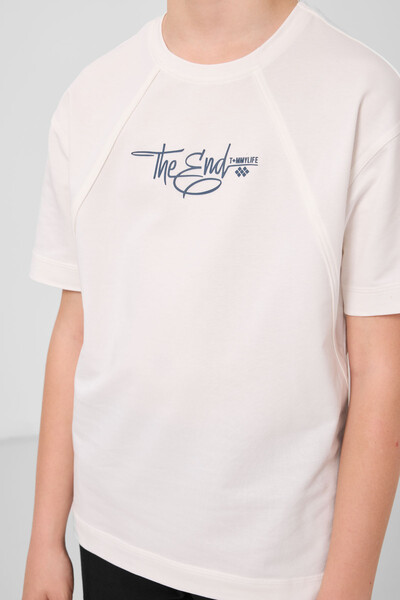 Tommylife Toptan Pamuklu Yumuşak Dokulu Oversize Baskılı Erkek Çocuk T-Shirt 11285 Ekru - Thumbnail