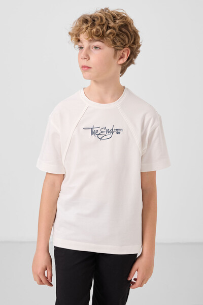 Tommylife Toptan Pamuklu Yumuşak Dokulu Oversize Baskılı Erkek Çocuk T-Shirt 11285 Ekru - Thumbnail