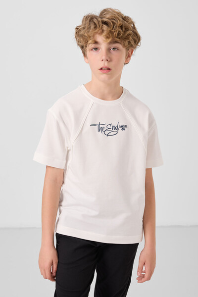 Tommylife Toptan Pamuklu Yumuşak Dokulu Oversize Baskılı Erkek Çocuk T-Shirt 11285 Ekru - Thumbnail