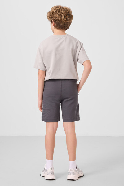 Tommylife Toptan Pamuklu Oversize Fit Dokuma Hafif Esnek Chino Erkek Çocuk Şort Takım 11275 Taş-Antrasit - Thumbnail