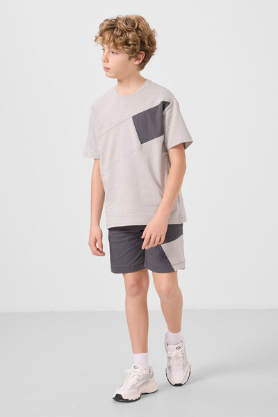 Tommylife Toptan Pamuklu Oversize Fit Dokuma Hafif Esnek Chino Erkek Çocuk Şort Takım 11275 Taş-Antrasit - Thumbnail