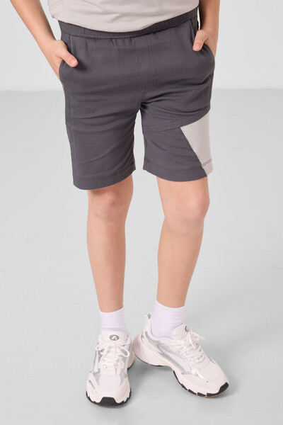Tommylife Toptan Pamuklu Oversize Fit Dokuma Hafif Esnek Chino Erkek Çocuk Şort Takım 11275 Taş-Antrasit - Thumbnail