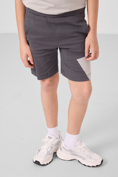 Tommylife Toptan Pamuklu Oversize Fit Dokuma Hafif Esnek Chino Erkek Çocuk Şort Takım 11275 Taş-Antrasit - Thumbnail