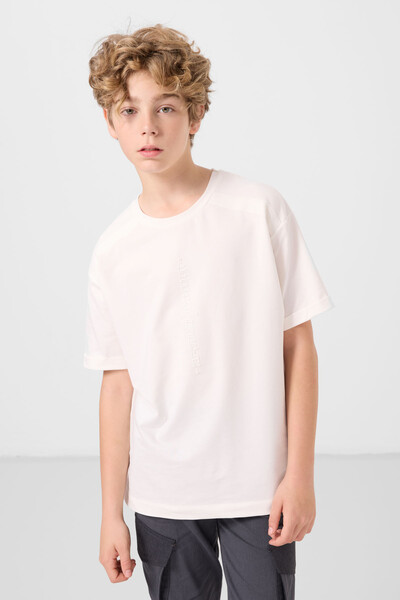 Tommylife Toptan Pamuklu Yumuşak Dokulu Oversize Baskılı Erkek Çocuk T-Shirt 11301 Ekru - Thumbnail