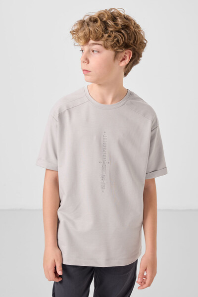 Tommylife Toptan Pamuklu Yumuşak Dokulu Oversize Baskılı Erkek Çocuk T-Shirt 11301 Taş - Thumbnail