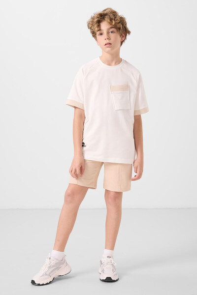Tommylife Toptan Pamuklu Yumuşak Dokulu Oversize Cep Detaylı Erkek Çocuk T-Shirt 11295 Ekru - Thumbnail