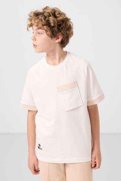 Tommylife Toptan Pamuklu Yumuşak Dokulu Oversize Cep Detaylı Erkek Çocuk T-Shirt 11295 Ekru - Thumbnail