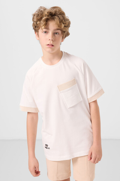 Tommylife Toptan Pamuklu Yumuşak Dokulu Oversize Cep Detaylı Erkek Çocuk T-Shirt 11295 Ekru - Thumbnail