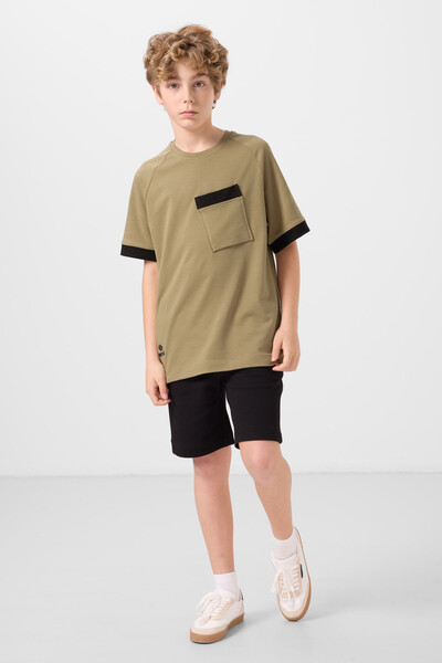 Tommylife Toptan Pamuklu Yumuşak Dokulu Oversize Cep Detaylı Erkek Çocuk T-Shirt 11295 Koyu Bej - Thumbnail