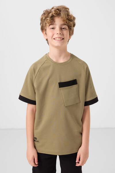 Tommylife Toptan Pamuklu Yumuşak Dokulu Oversize Cep Detaylı Erkek Çocuk T-Shirt 11295 Koyu Bej - Thumbnail