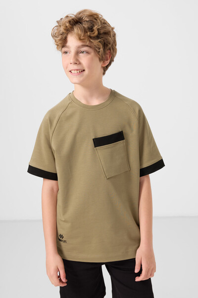 Tommylife Toptan Pamuklu Yumuşak Dokulu Oversize Cep Detaylı Erkek Çocuk T-Shirt 11295 Koyu Bej - Thumbnail