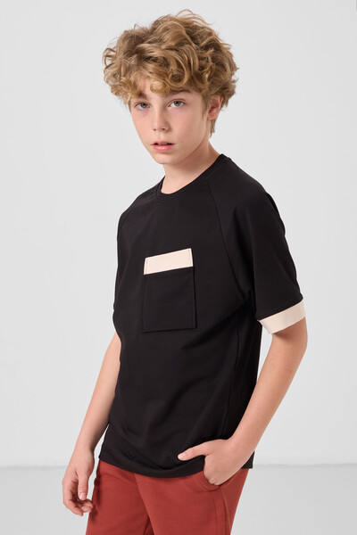Tommylife Toptan Pamuklu Yumuşak Dokulu Oversize Cep Detaylı Erkek Çocuk T-Shirt 11295 Siyah - Thumbnail