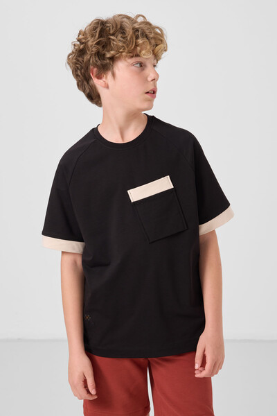 Tommylife Toptan Pamuklu Yumuşak Dokulu Oversize Cep Detaylı Erkek Çocuk T-Shirt 11295 Siyah - Thumbnail