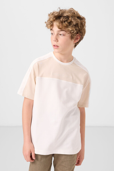 Tommylife Toptan Pamuklu Yumuşak Dokulu Oversize Fit Baskılı Erkek Çocuk T-Shirt 11290 Ekru - Thumbnail