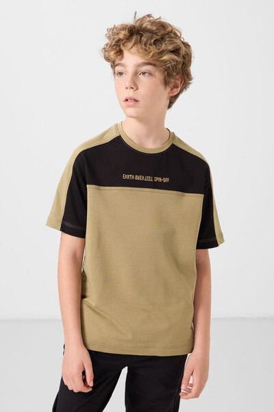 Tommylife Toptan Pamuklu Yumuşak Dokulu Oversize Fit Baskılı Erkek Çocuk T-Shirt 11290 Koyu Bej - Thumbnail