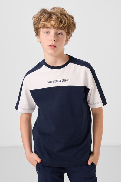 Tommylife Toptan Pamuklu Yumuşak Dokulu Oversize Fit Baskılı Erkek Çocuk T-Shirt 11290 Lacivert - Thumbnail