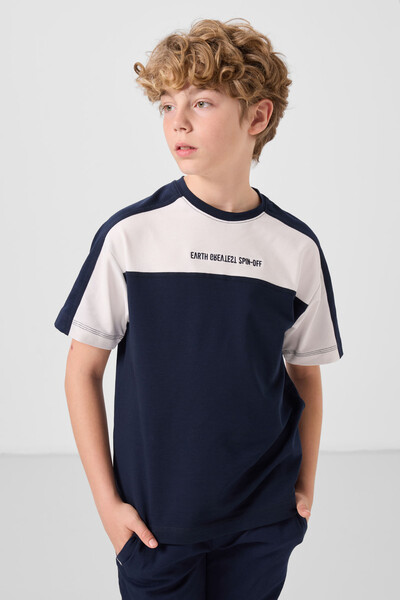 Tommylife Toptan Pamuklu Yumuşak Dokulu Oversize Fit Baskılı Erkek Çocuk T-Shirt 11290 Lacivert - Thumbnail