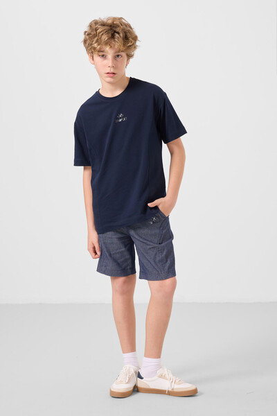 Tommylife Toptan Pamuklu Oversize Fit Dokuma Hafif Esnek Chino Erkek Çocuk Şort Takım 11276 Lacivert-Kot Lacivert - Thumbnail
