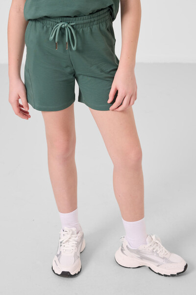 Tommylife Toptan Pamuklu Yumuşak Dokulu Standart Fit Basic Kız Çocuk Şort Takım 75184 Açık Yeşil - Thumbnail