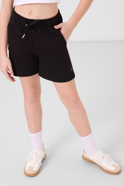 Tommylife Toptan Pamuklu Yumuşak Dokulu Standart Fit Basic Kız Çocuk Şort Takım 75184 Siyah - Thumbnail