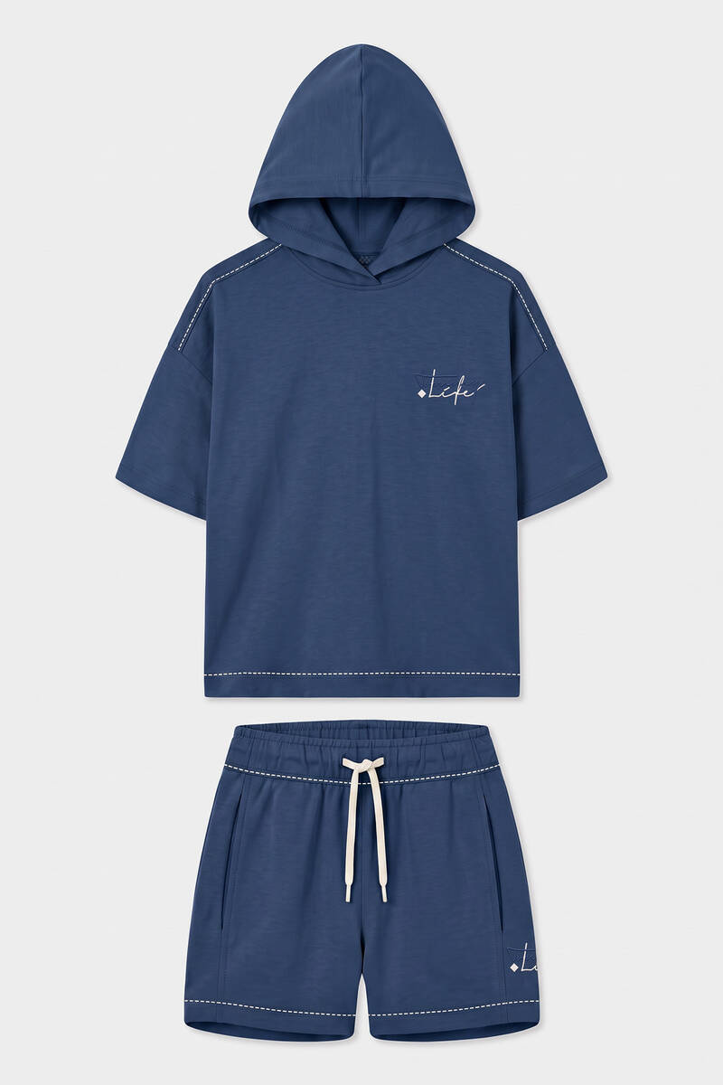 TOMMYLIFE - Tommylife Toptan Parlament Kapüşonlu Dikiş Detaylı Kız Çocuk Şort Takım - 75185