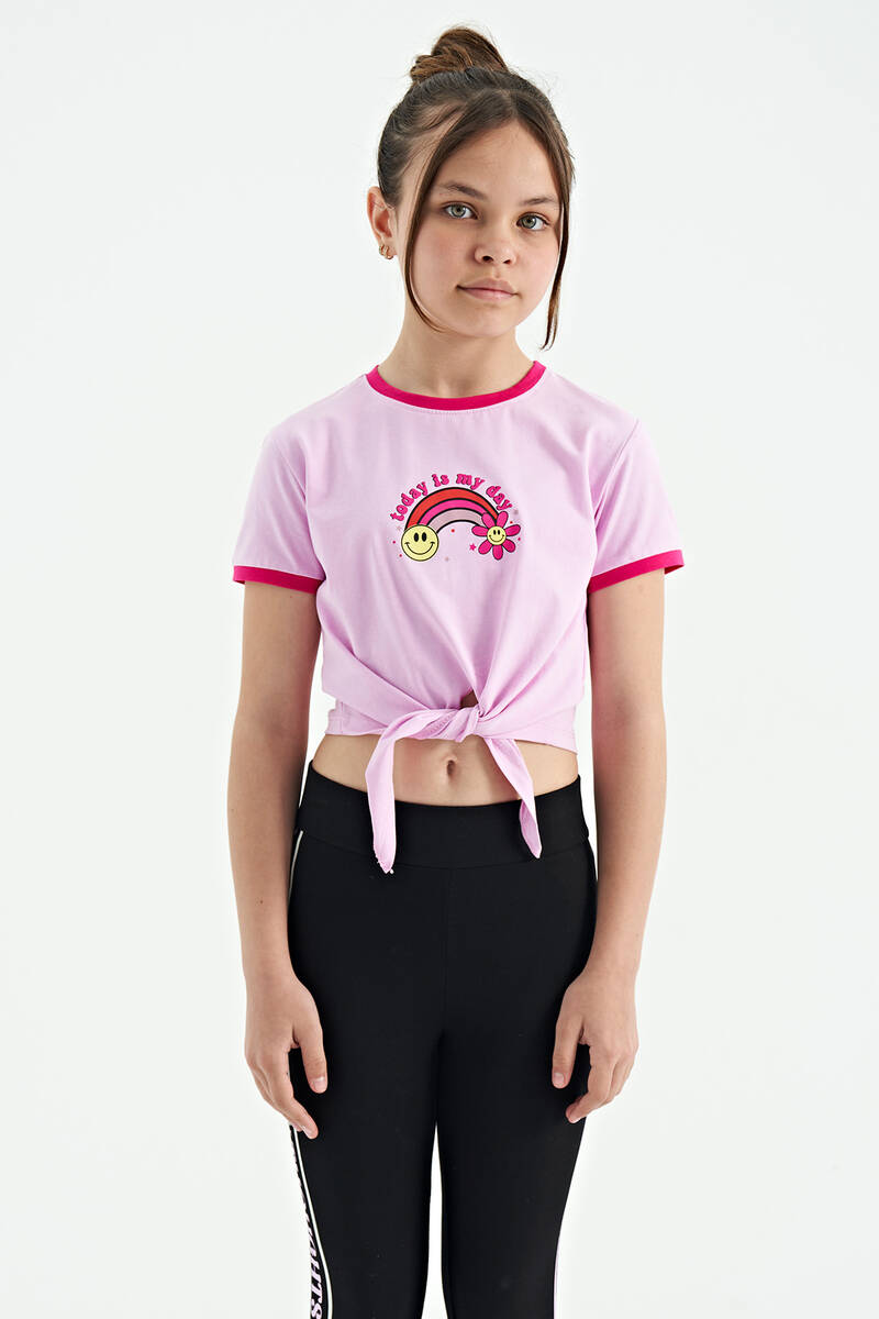TOMMYLIFE - Tommylife Toptan Pembe Baskı Detaylı O Yaka Çok Renkli Bağlama Detaylı Kız Çocuk T-Shirt - 75113