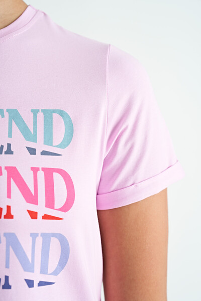 Tommylife Toptan Pembe Renkli Yazı Baskılı Rahat Form Kadın Basic T-Shirt - 02241 - Thumbnail