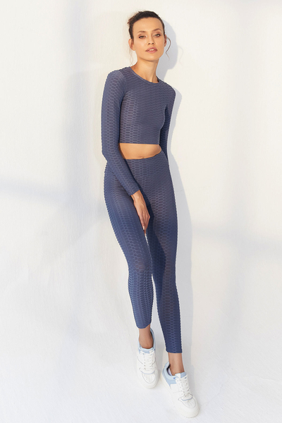 Tommylife Toptan Petrol Kendinden Desenli O Yaka Uzun Kol Kadın Crop Top T-Shirt - 97153 - Thumbnail