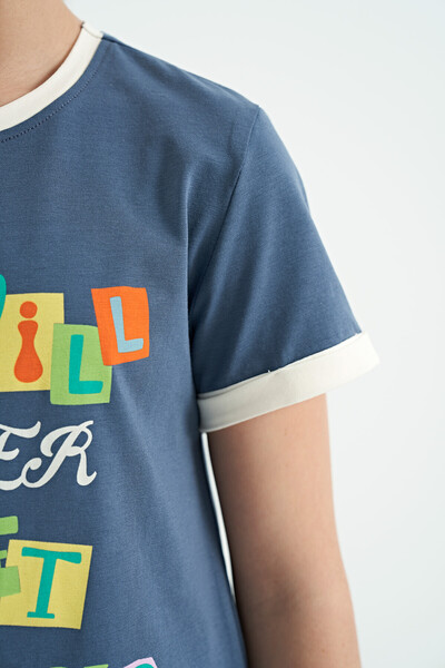 Tommylife Toptan Petrol Renkli Yazı Detaylı O Yaka Rahat Form Kız Çocuk T-Shirt - 75109 - Thumbnail