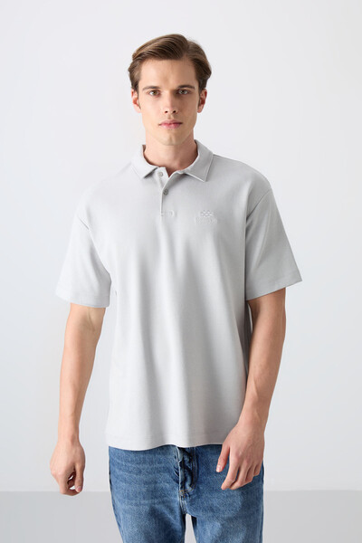 Tommylife Toptan Polo Yaka Oversize Basic Erkek T-Shirt 88327 Taş - Thumbnail