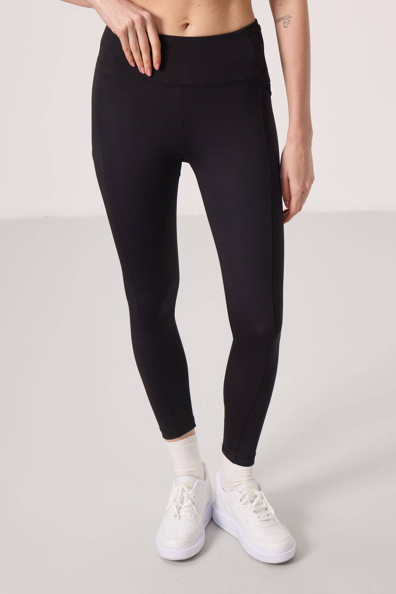 TOMMYLIFE - Tommylife Toptan Polyester Esnek Standart Fit Performans Kadın Tayt - 94667 Siyah