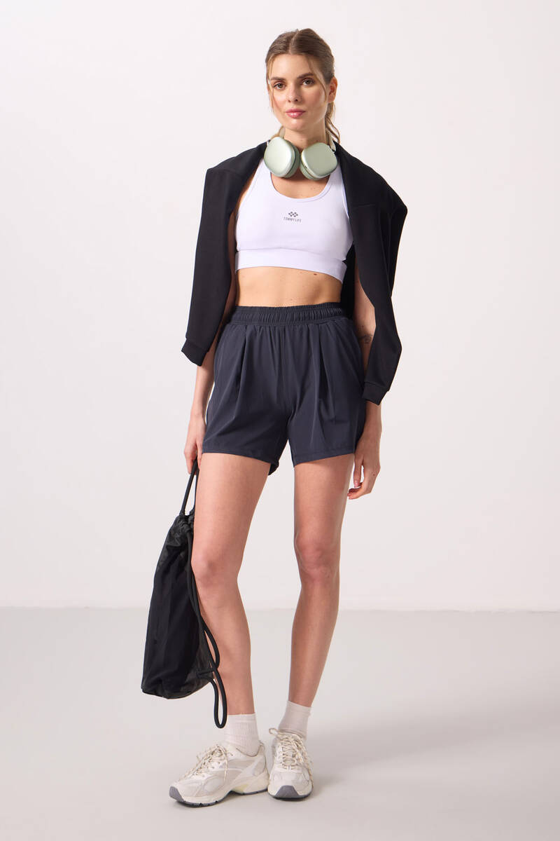 TOMMYLIFE - Tommylife Toptan Polyester Gizli Cep Fermuarlı Rahat Form Kadın Şort - 91014 Antrasit