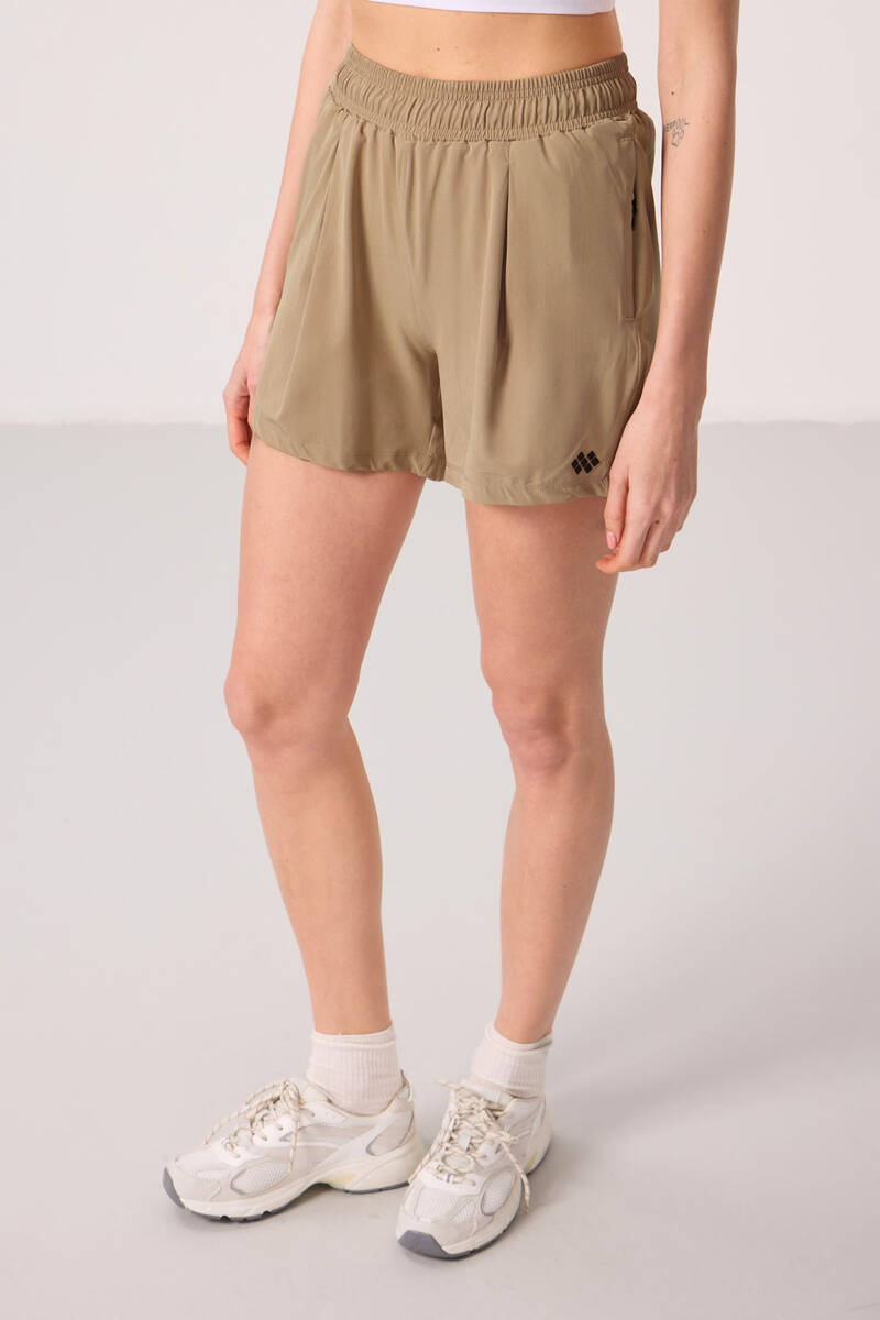 TOMMYLIFE - Tommylife Toptan Polyester Gizli Cep Fermuarlı Rahat Form Kadın Şort - 91014 Bej