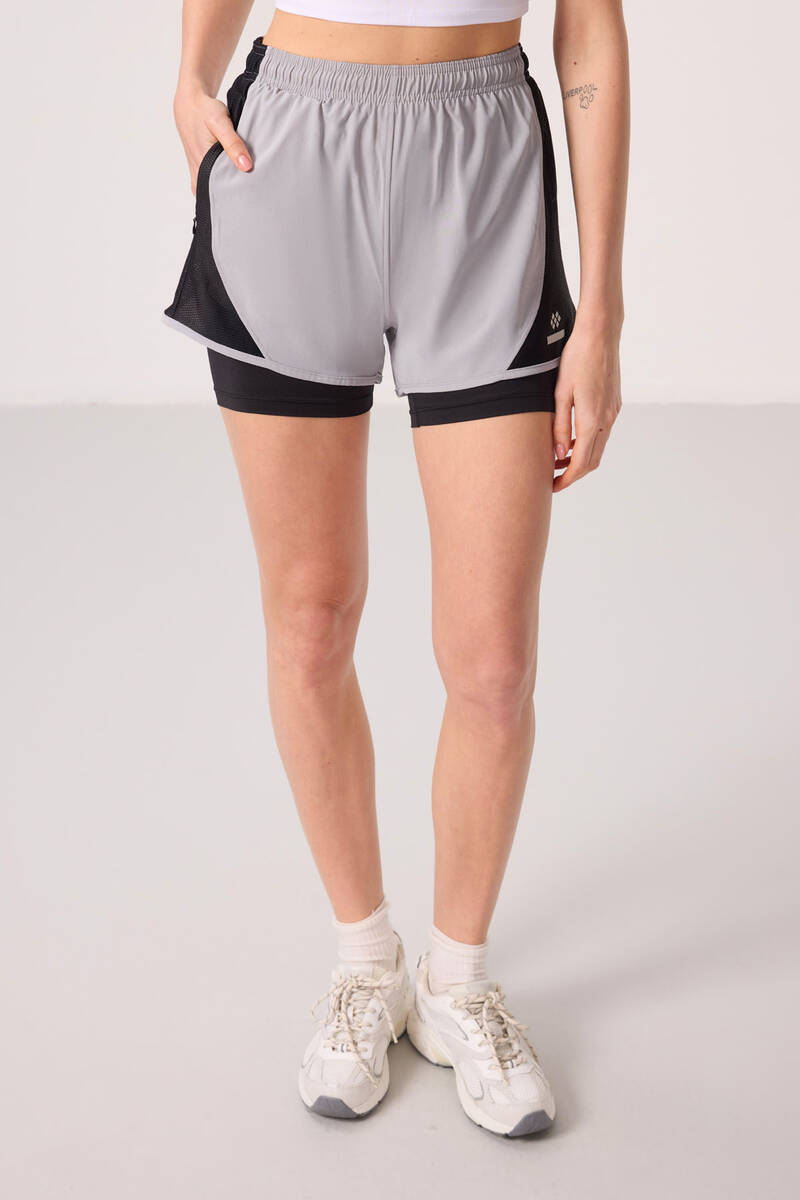 TOMMYLIFE - Tommylife Toptan Polyester Gizli Cep Fermuarlı Standart Kalıp Kadın İçi Taytlı Şort - 91015 Taş