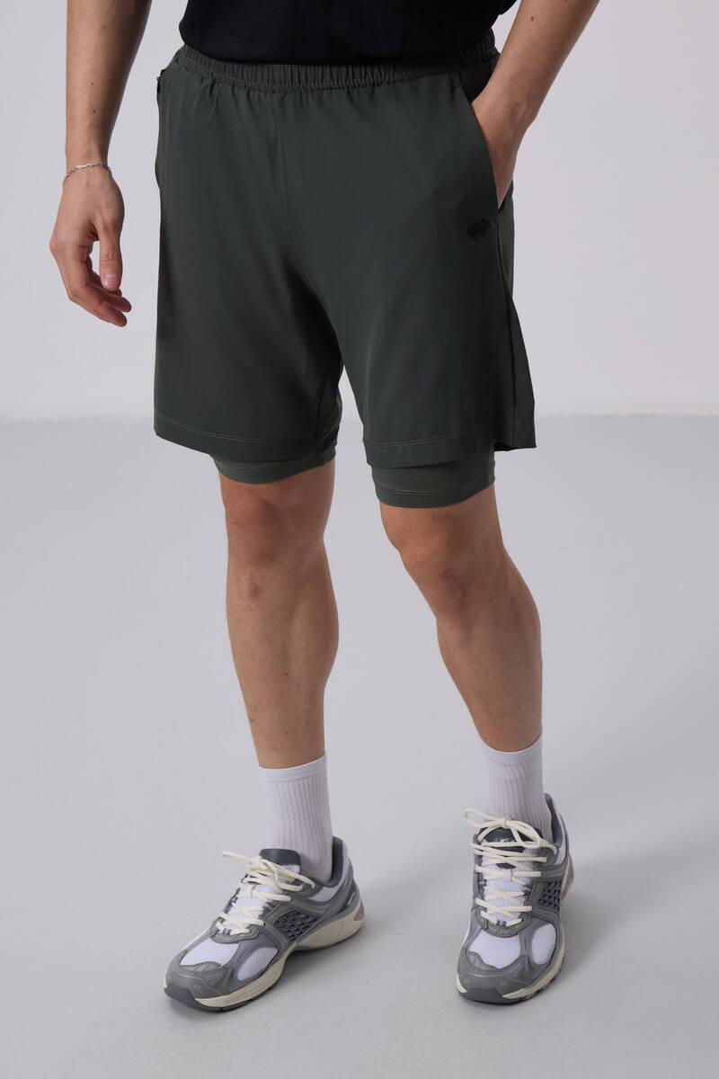 TOMMYLIFE - Tommylife Toptan Polyester Standart Kalıp Erkek Taytlı Şort 81287 Haki