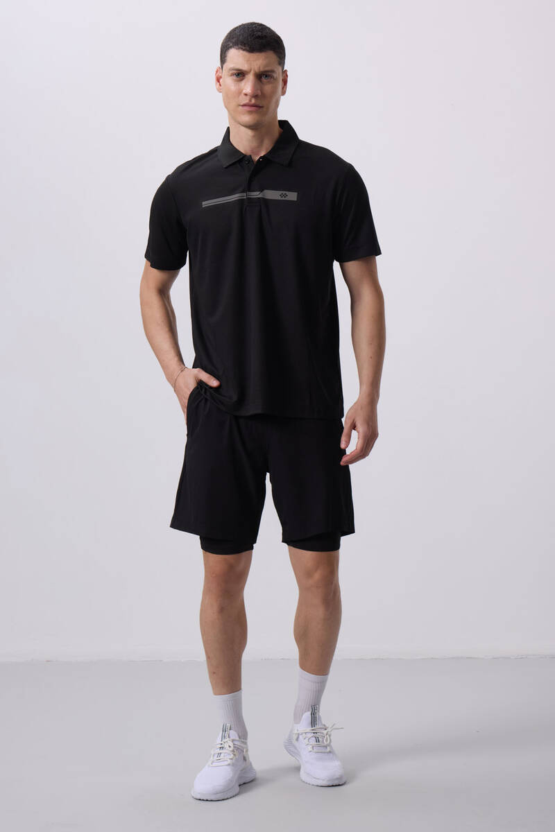 TOMMYLIFE - Tommylife Toptan Polyester Standart Kalıp Erkek Taytlı Şort 81287 Siyah